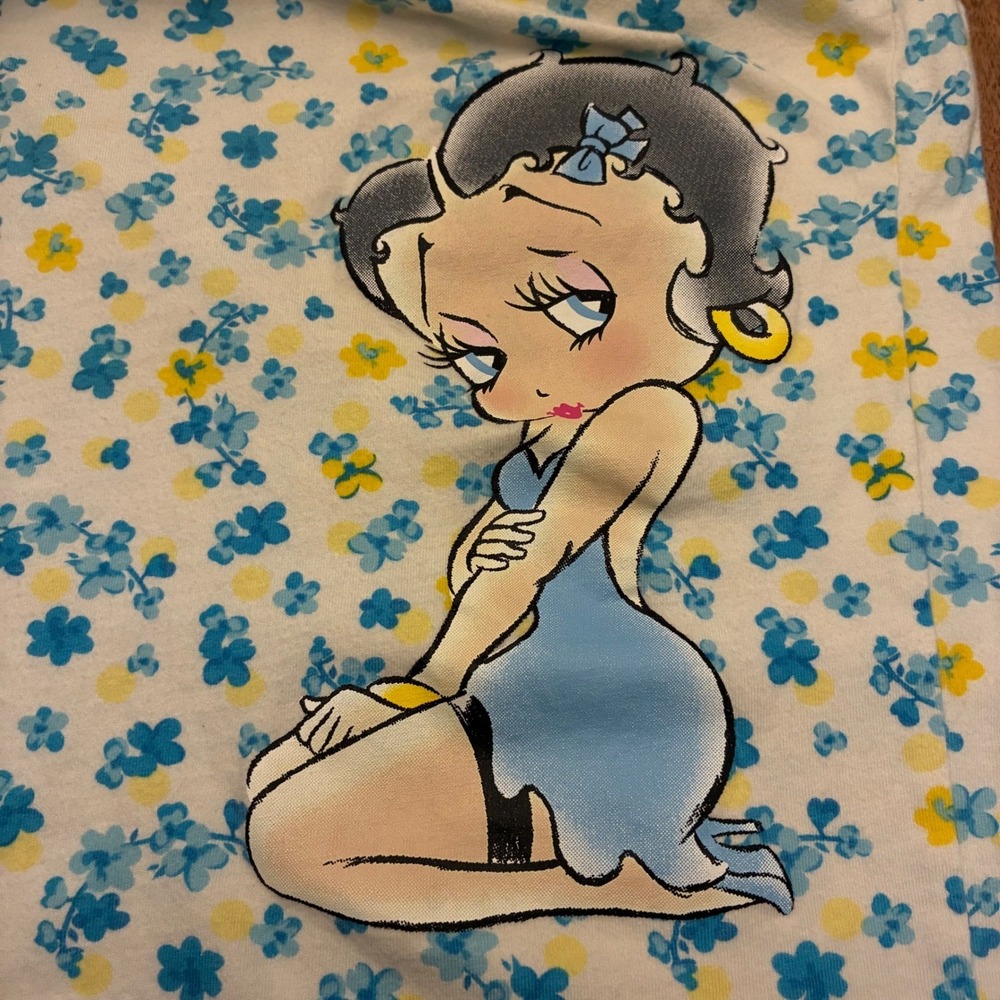 Betty Boop Capri 2012 Pajama Pants Floral Blue Yellow Lounge Sleepwear Cropped